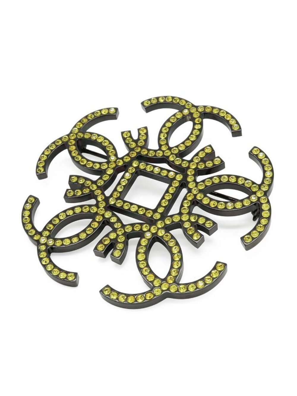 Chanel CC Logo Rhinestone Brooch Metal Yellow Gold Black